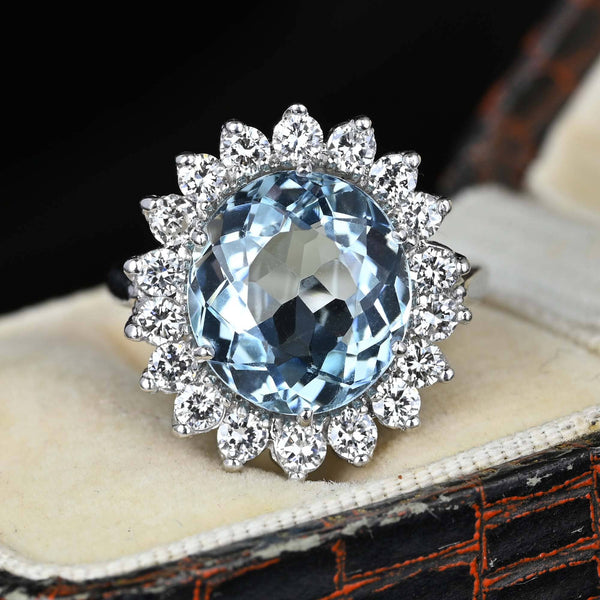 Vintage Diamond Cluster Halo 4.5 Carat Aquamarine Ring - Boylerpf