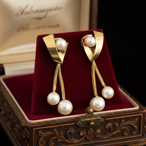 Vintage Akoya Pearl Drop Earrings, 14K Gold Omega Back French - Boylerpf