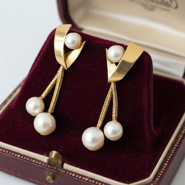 Vintage Akoya Pearl Drop Earrings, 14K Gold Omega Back French - Boylerpf