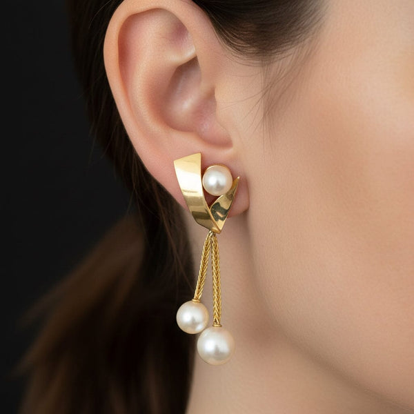 Vintage Akoya Pearl Drop Earrings, 14K Gold Omega Back French - Boylerpf