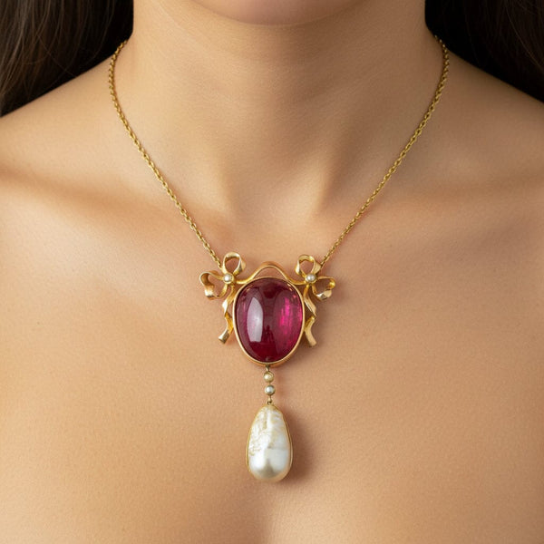 Theodore B. Starr Art Nouveau Rubellite Pearl Necklace