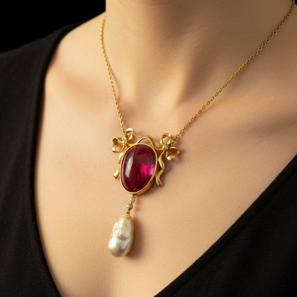 Theodore B. Starr Art Nouveau Rubellite Pearl Necklace