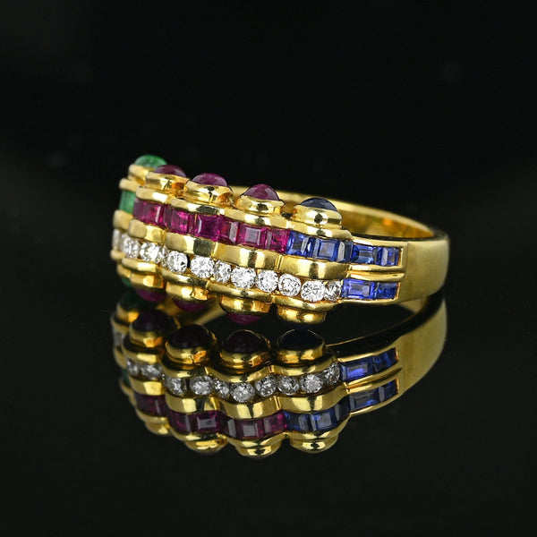 18K Gold Emerald Ruby Sapphire Diamond Tutti Frutti Ring Band - Boylerpf