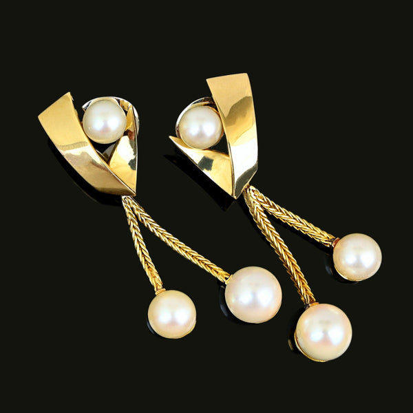 Vintage Akoya Pearl Drop Earrings, 14K Gold Omega Back French - Boylerpf