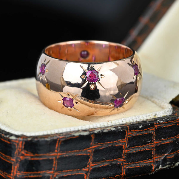 Wide 14K Rose Gold Ruby Eternity Ring Band, Star Engraved - Boylerpf