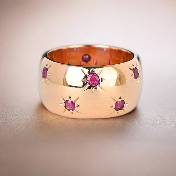Wide 14K Rose Gold Ruby Eternity Ring Band, Star Engraved - Boylerpf