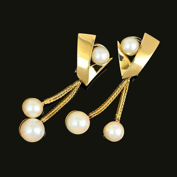 Vintage Akoya Pearl Drop Earrings, 14K Gold Omega Back French - Boylerpf