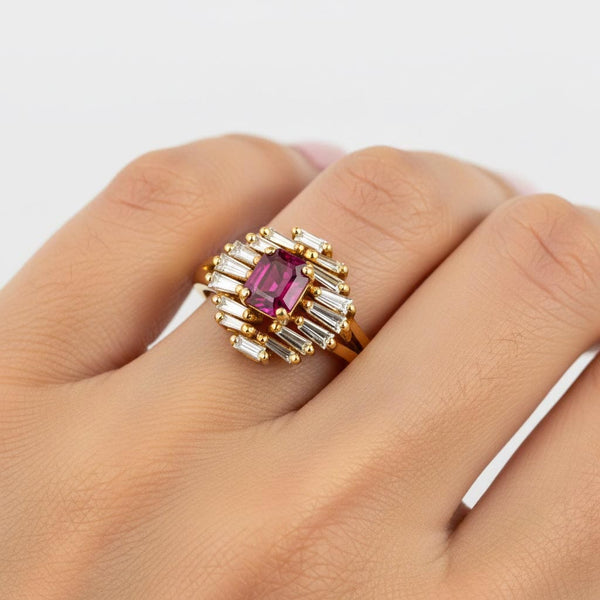 Vintage 14K Ruby & Baguette Diamond Ballerina Ring