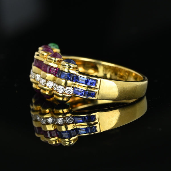 18K Gold Emerald Ruby Sapphire Diamond Tutti Frutti Ring Band - Boylerpf