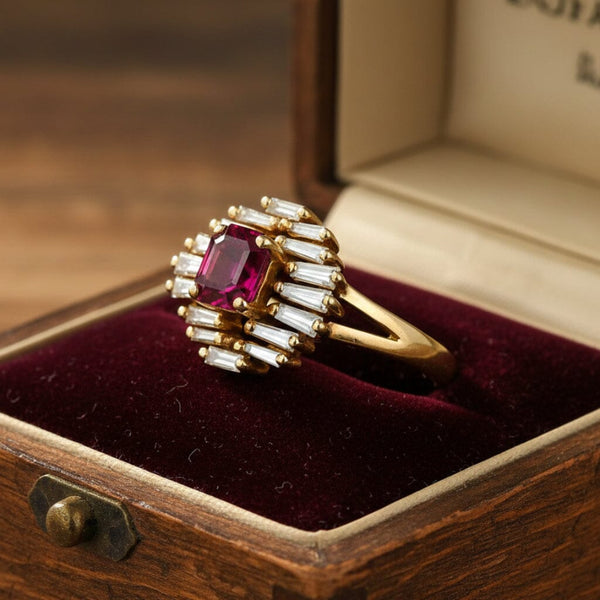 Vintage 14K Ruby & Baguette Diamond Ballerina Ring