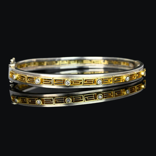 Antique Silver & 18K Gold .75 CTW Diamond Bracelet Bangle - Boylerpf
