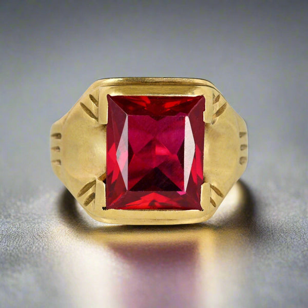 Mens Vintage Art Deco Gold Ruby Signet Ring - Boylerpf