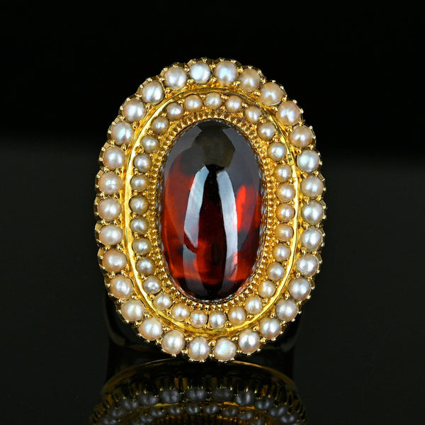 Antique Victorian 18K Garnet Seed Pearl Halo Ring