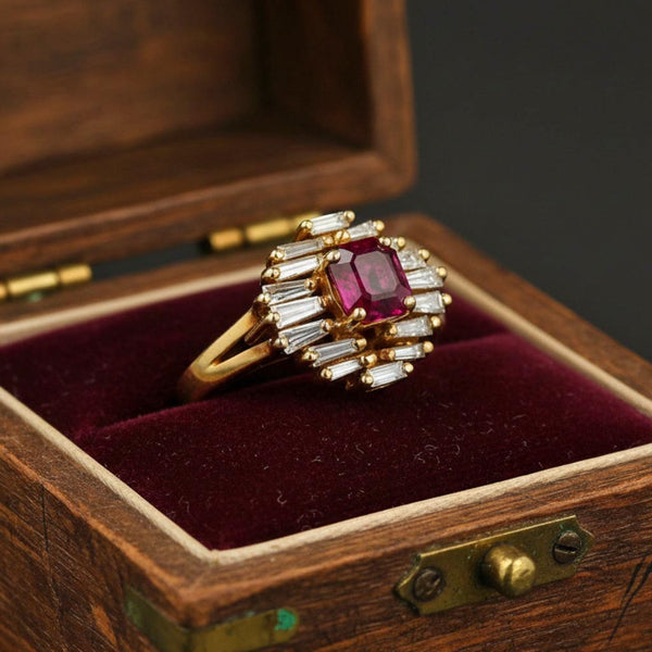 Vintage 14K Ruby & Baguette Diamond Ballerina Ring