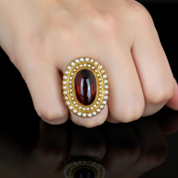 Antique Victorian 18K Garnet Seed Pearl Halo Ring