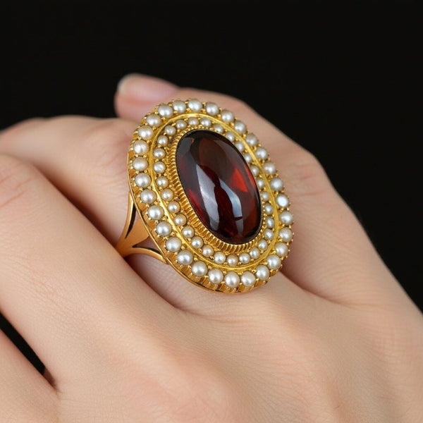 Antique Victorian 18K Garnet Seed Pearl Halo Ring