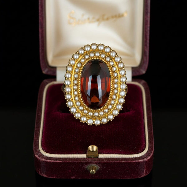 Antique Victorian 18K Garnet Seed Pearl Halo Ring