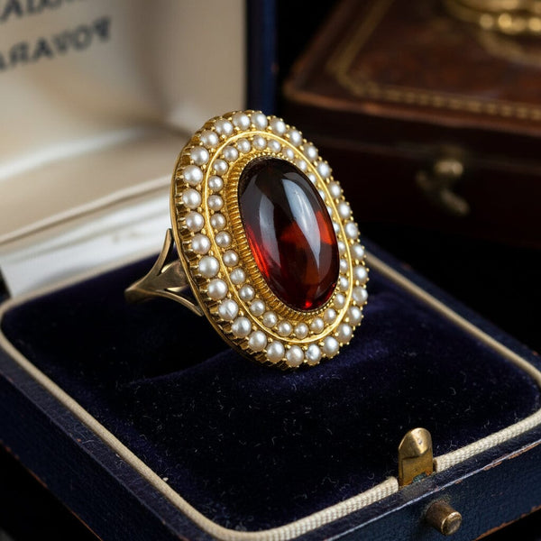 Antique Victorian 18K Garnet Seed Pearl Halo Ring