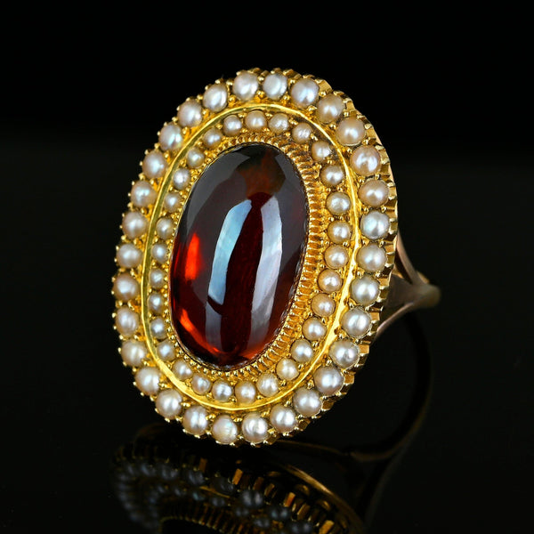 Antique Victorian 18K Garnet Seed Pearl Halo Ring