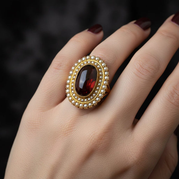 Antique Victorian 18K Garnet Seed Pearl Halo Ring