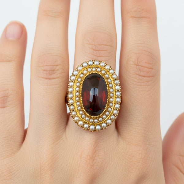 Antique Victorian 18K Garnet Seed Pearl Halo Ring