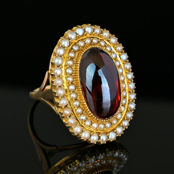 Antique Victorian 18K Garnet Seed Pearl Halo Ring