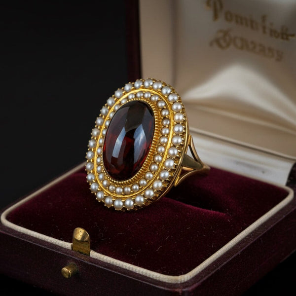 Antique Victorian 18K Garnet Seed Pearl Halo Ring