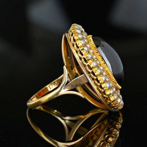 Antique Victorian 18K Garnet Seed Pearl Halo Ring
