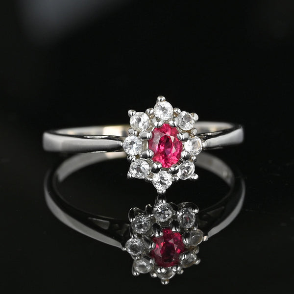 Vintage 14K White Gold Red Spinel Halo Cluster Ring - Boylerpf