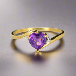 Vintage 14K Gold Bypass Diamond Amethyst Heart Ring - Boylerpf