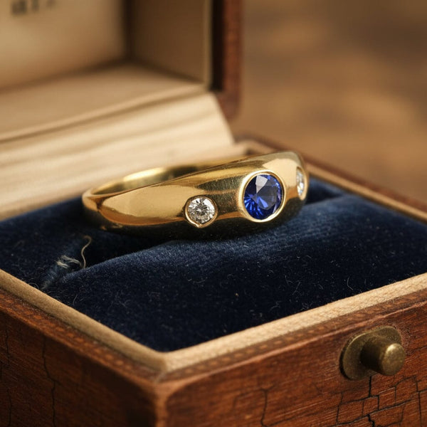 Antique Victorian 14K Gold Sapphire Diamond Gypsy Ring