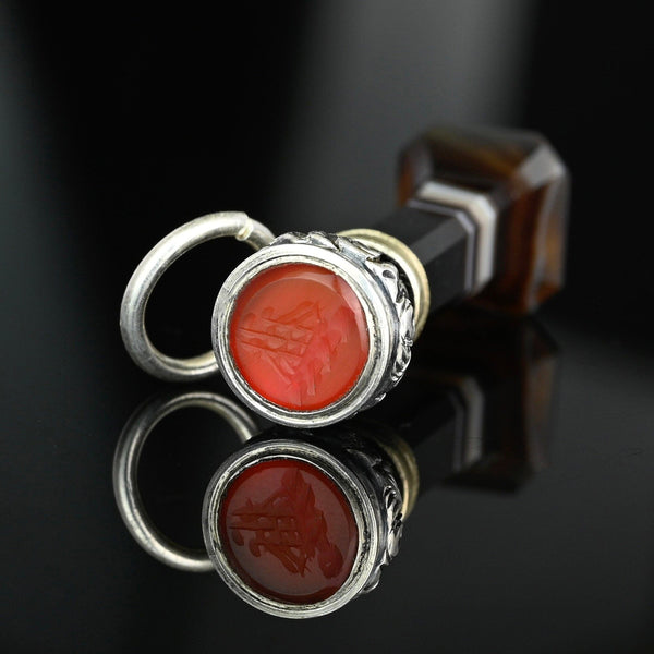 Antique Silver Carnelian Wax Seal Banded Agate Pendant