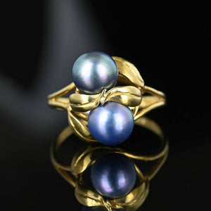 Vintage 14K Gold Gray Pearl Leaf Cocktail Ring - Boylerpf