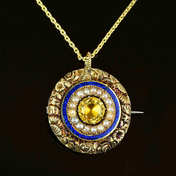 Antique 14K Gold Enamel Pearl Citrine Pendant Brooch - Boylerpf