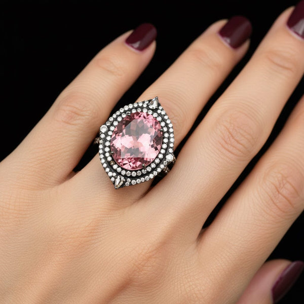 Vintage 18K Gold Pink Amethyst Diamond Halo Ring 6.5 Ct
