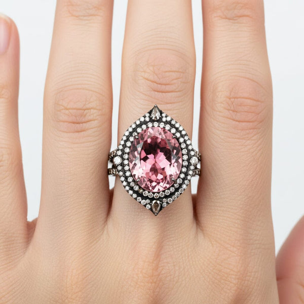 Vintage 18K Gold Pink Amethyst Diamond Halo Ring 6.5 Ct