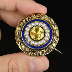 Antique 14K Gold Enamel Pearl Citrine Pendant Brooch - Boylerpf