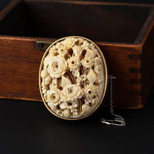 Antique Victorian Floral Brooch Carved 3D Rose Pin - Boylerpf