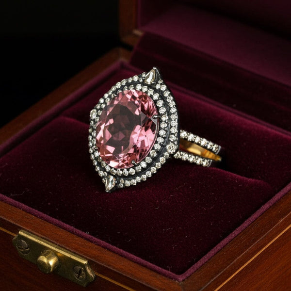 Vintage 18K Gold Pink Amethyst Diamond Halo Ring 6.5 Ct