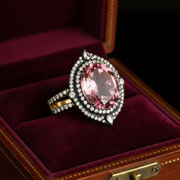 Vintage 18K Gold Pink Amethyst Diamond Halo Ring 6.5 Ct