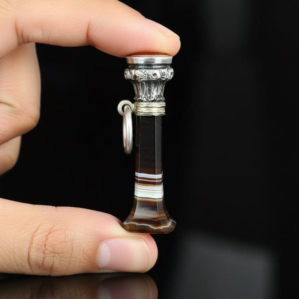 Antique Silver Carnelian Wax Seal Banded Agate Pendant