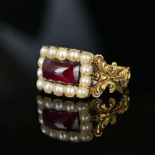 Antique Georgian 15K Gold Pearl Cluster Garnet Ring - Boylerpf