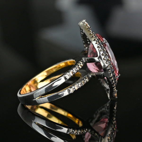 Vintage 18K Gold Pink Amethyst Diamond Halo Ring 6.5 Ct