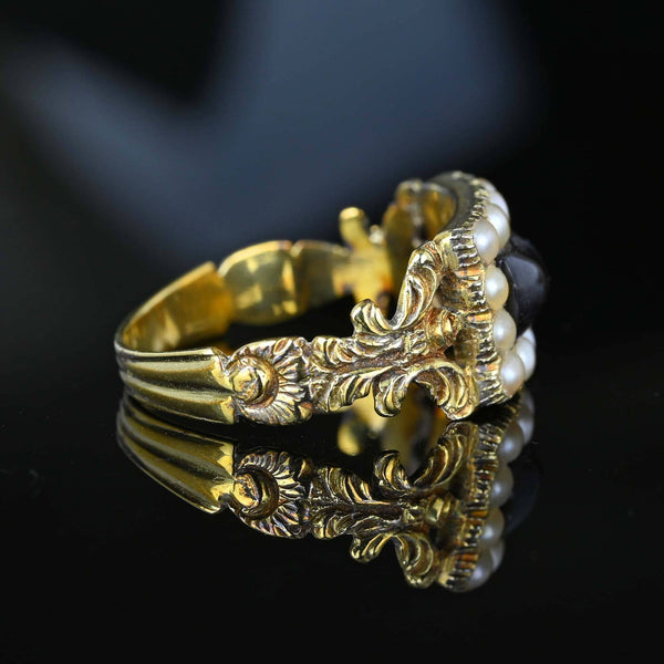 Antique Georgian 15K Gold Pearl Cluster Garnet Ring - Boylerpf