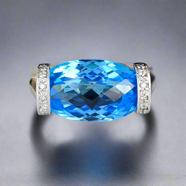 14K White Gold Checkerboard Blue Topaz Diamond East West Ring - Boylerpf