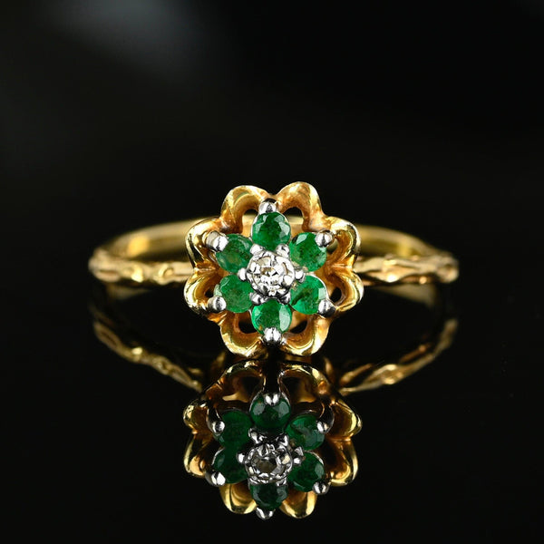 Vintage 14K Gold Emerald Diamond Flower Ring