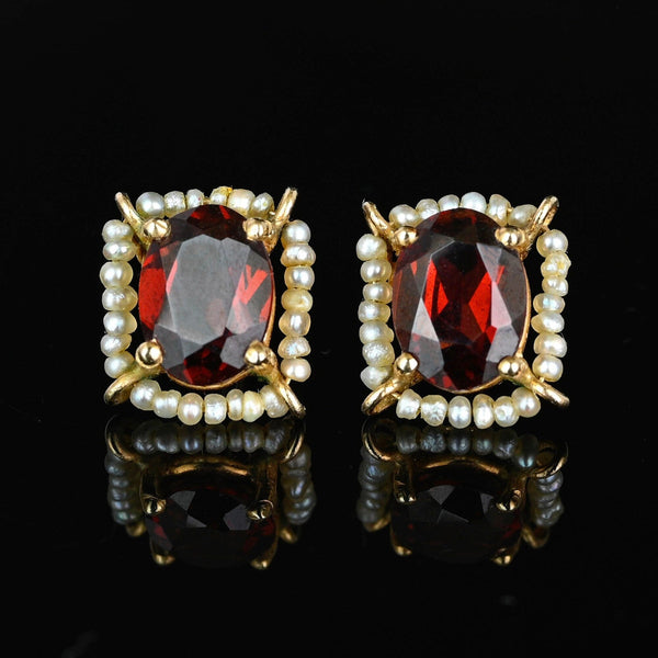 Vintage 14K Gold Seed Pearl Halo Garnet Stud Earrings