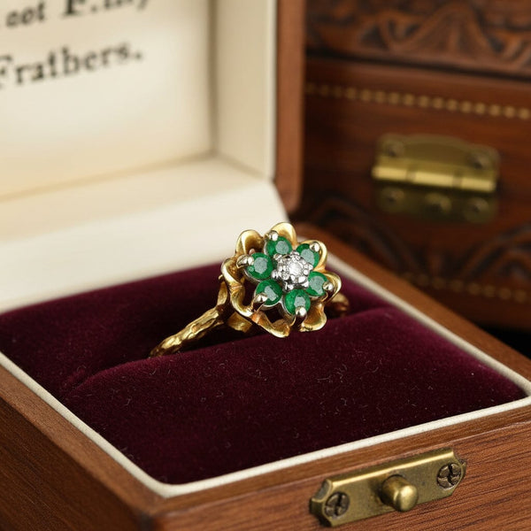 Vintage 14K Gold Emerald Diamond Flower Ring