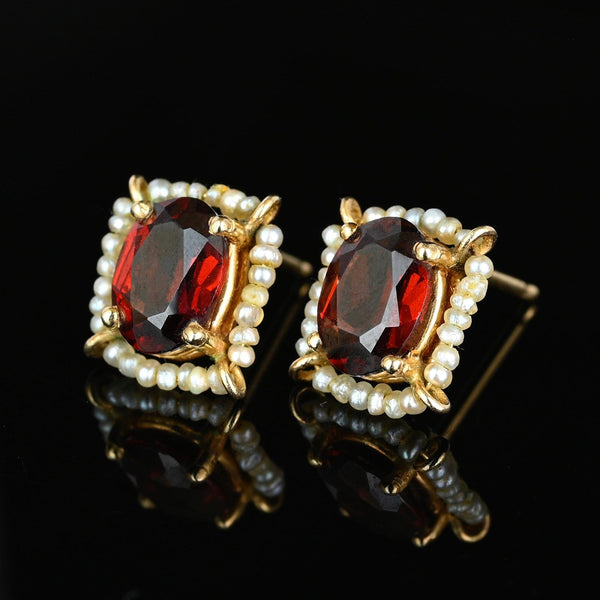 Vintage 14K Gold Seed Pearl Halo Garnet Stud Earrings