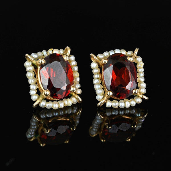 Vintage 14K Gold Seed Pearl Halo Garnet Stud Earrings